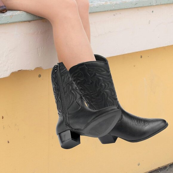 Dodow Women's Black Pointed Toe Zipper Western Cowgirl Pu Mid Calf Boots - Picture 6 of 6